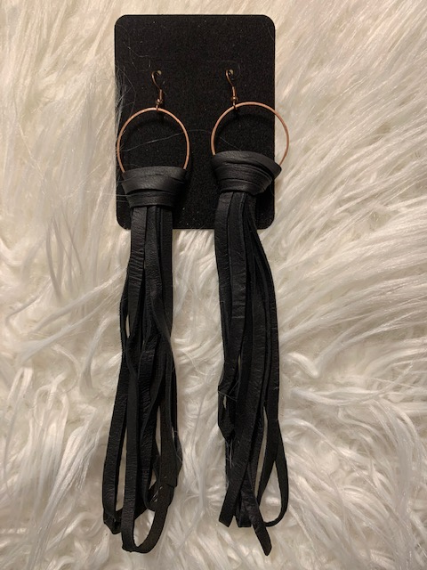 Long Leather Looped Earrings(Black-3/8in)