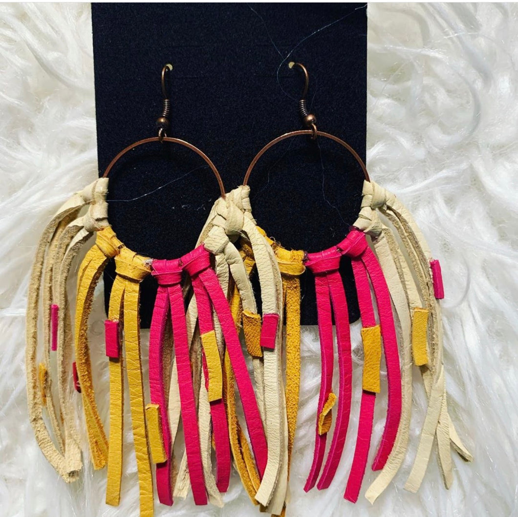 Mustard, white and pink leather fringe earrings