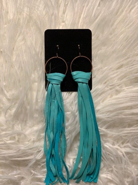 Long Leather Tasseled Earrings(Turquoise-3/8in)