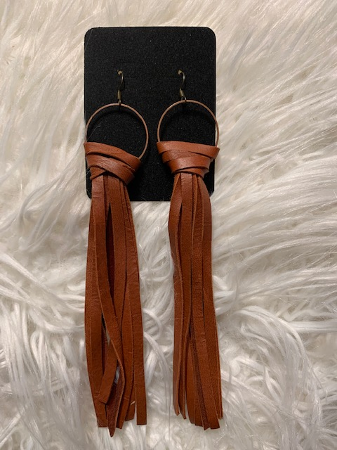 Long Leather Tasseled Earrings(Camel 3/8in)